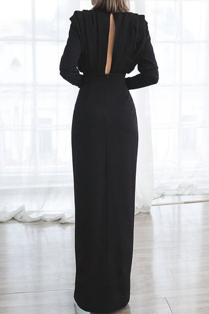 Elegant solid color long sleeved backless slit O-neck straight tube and floor length dress