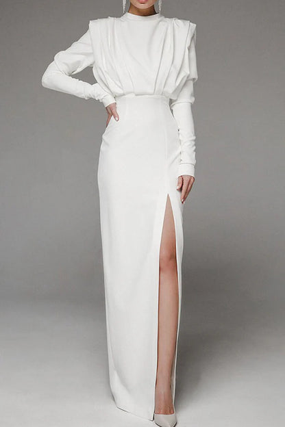 Elegant solid color long sleeved backless slit O-neck straight tube and floor length dress