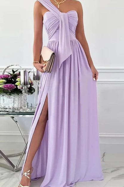 Elegant formal asymmetrical solid color one shoulder and floor length dress