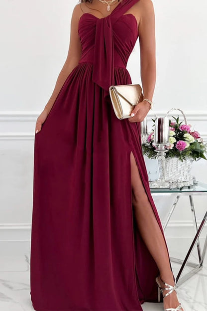 Elegant formal asymmetrical solid color one shoulder and floor length dress