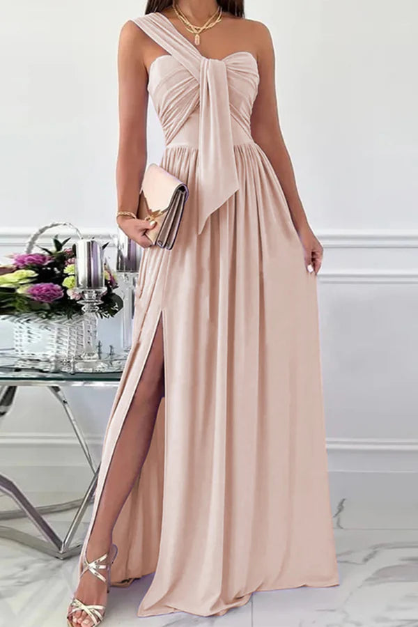 Elegant formal asymmetrical solid color one shoulder and floor length dress