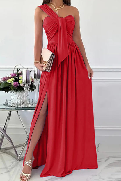 Elegant formal asymmetrical solid color one shoulder and floor length dress