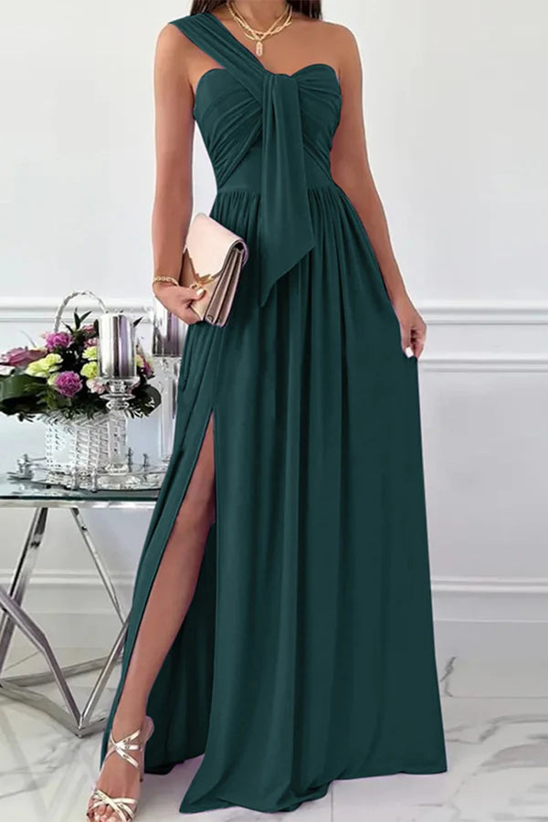 Elegant formal asymmetrical solid color one shoulder and floor length dress