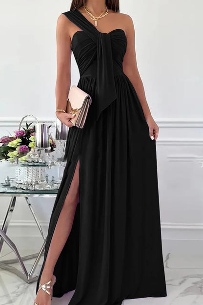 Elegant formal asymmetrical solid color one shoulder and floor length dress