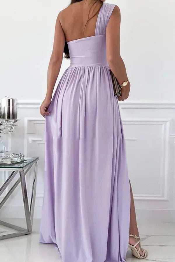 Elegant formal asymmetrical solid color one shoulder and floor length dress