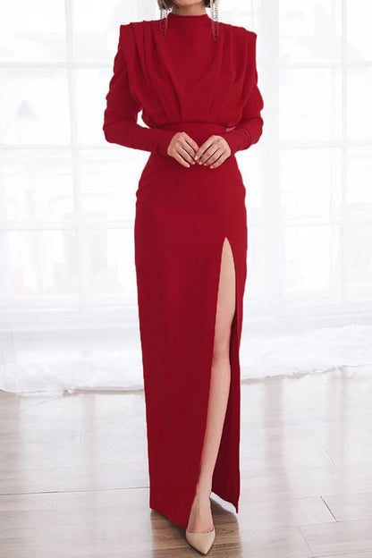 Elegant solid color long sleeved backless slit O-neck straight tube and floor length dress