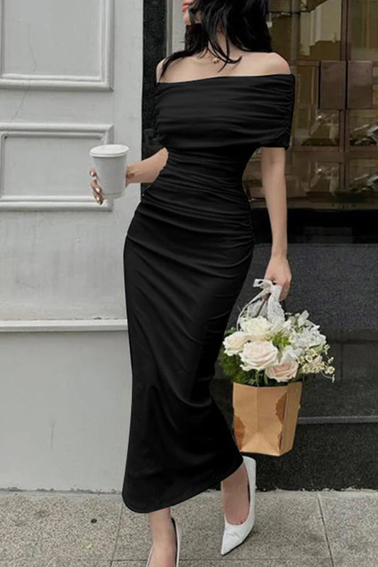 Elegant Solid Color Shoulder Fold Prom Dress