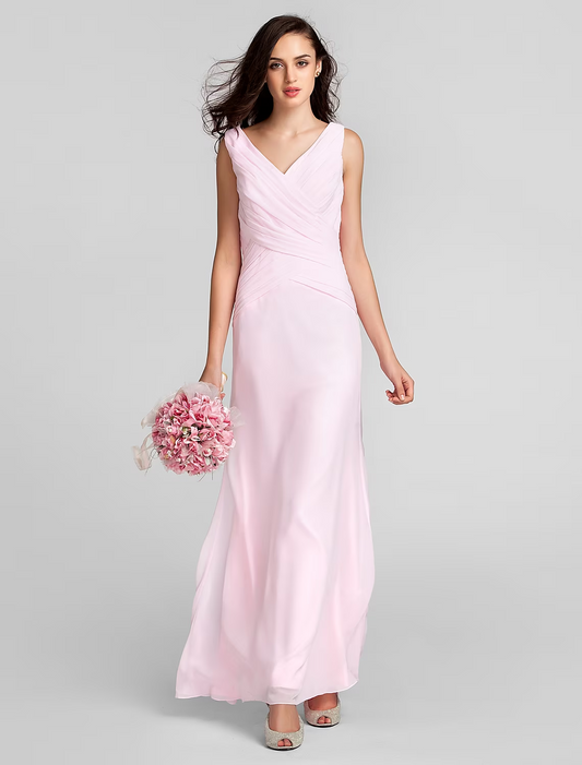 Sheath / Column Bridesmaid Dress V Neck Sleeveless Floor Length Chiffon with Criss Cross