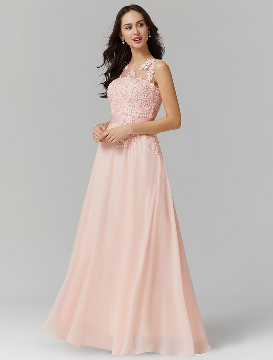 A-Line Bridesmaid Dress Jewel Neck Sleeveless Elegant Floor Length Chiffon / Lace with Appliques