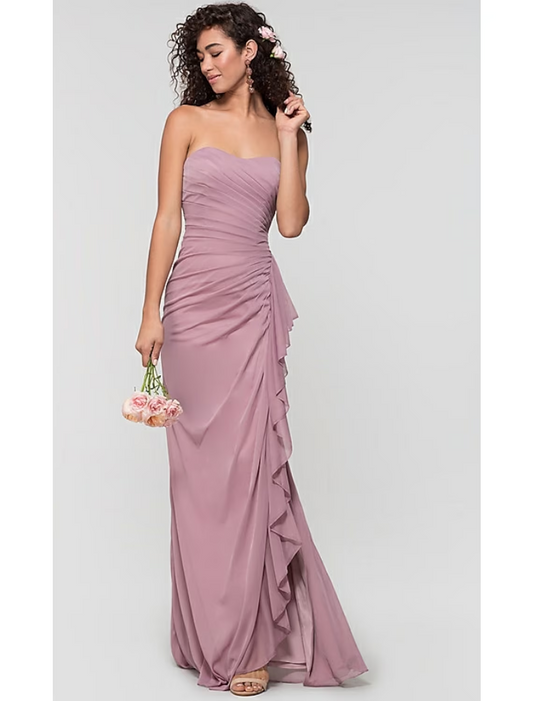 Sheath / Column Bridesmaid Dress Sweetheart Neckline Sleeveless Open Back Sweep / Brush Train Chiffon with Ruffles / Split Front / Ruching