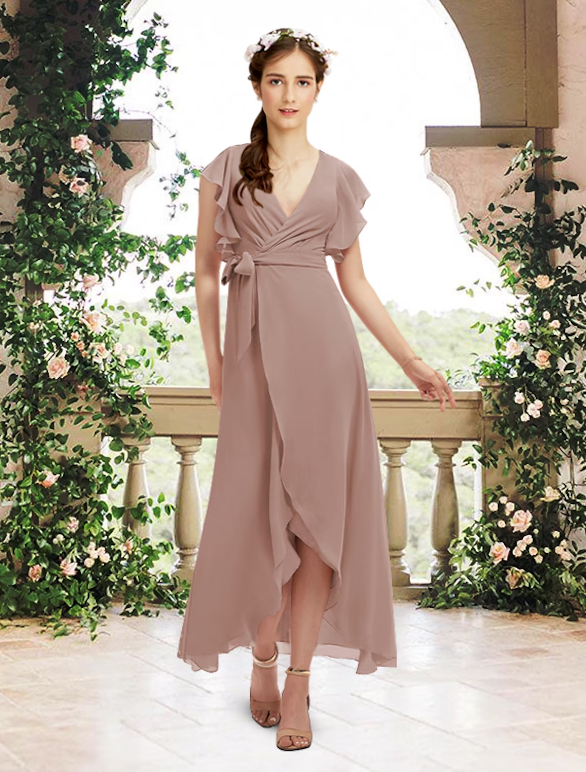 A-Line Bridesmaid Dress V Neck Short Sleeve Elegant Asymmetrical / Ankle Length Chiffon with Sash / Ribbon / Ruffles