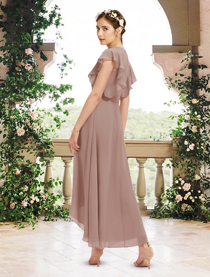 A-Line Bridesmaid Dress V Neck Short Sleeve Elegant Asymmetrical / Ankle Length Chiffon with Sash / Ribbon / Ruffles