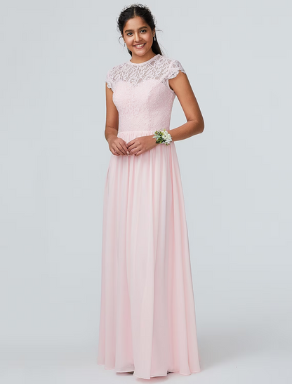 A-Line Bridesmaid Dress Jewel Neck Sleeveless Elegant Floor Length Chiffon with Lace