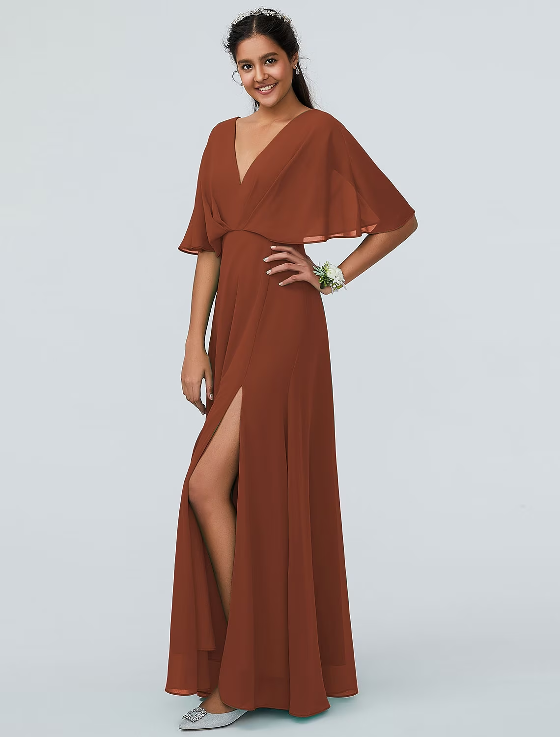 A-Line Bridesmaid Dress V Neck Short Sleeve Elegant Floor Length Chiffon with Split Front