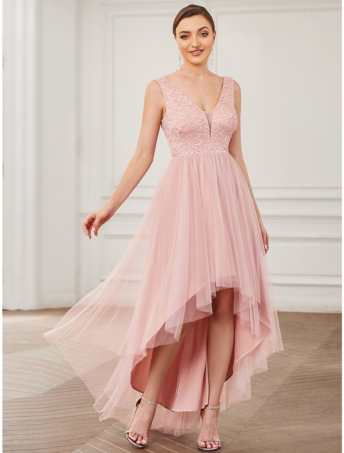 A-Line Bridesmaid Dress V Neck Sleeveless Elegant Short / Mini Lace / Tulle with Draping