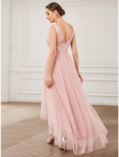 A-Line Bridesmaid Dress V Neck Sleeveless Elegant Short / Mini Lace / Tulle with Draping