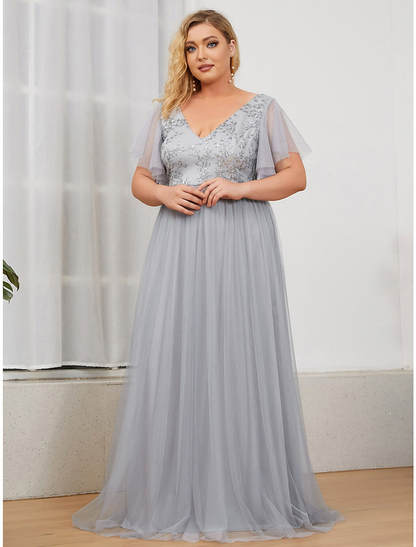 A-Line Bridesmaid Dress Plunging Neck Short Sleeve Plus Size Floor Length Tulle / Sequined with Sequin
