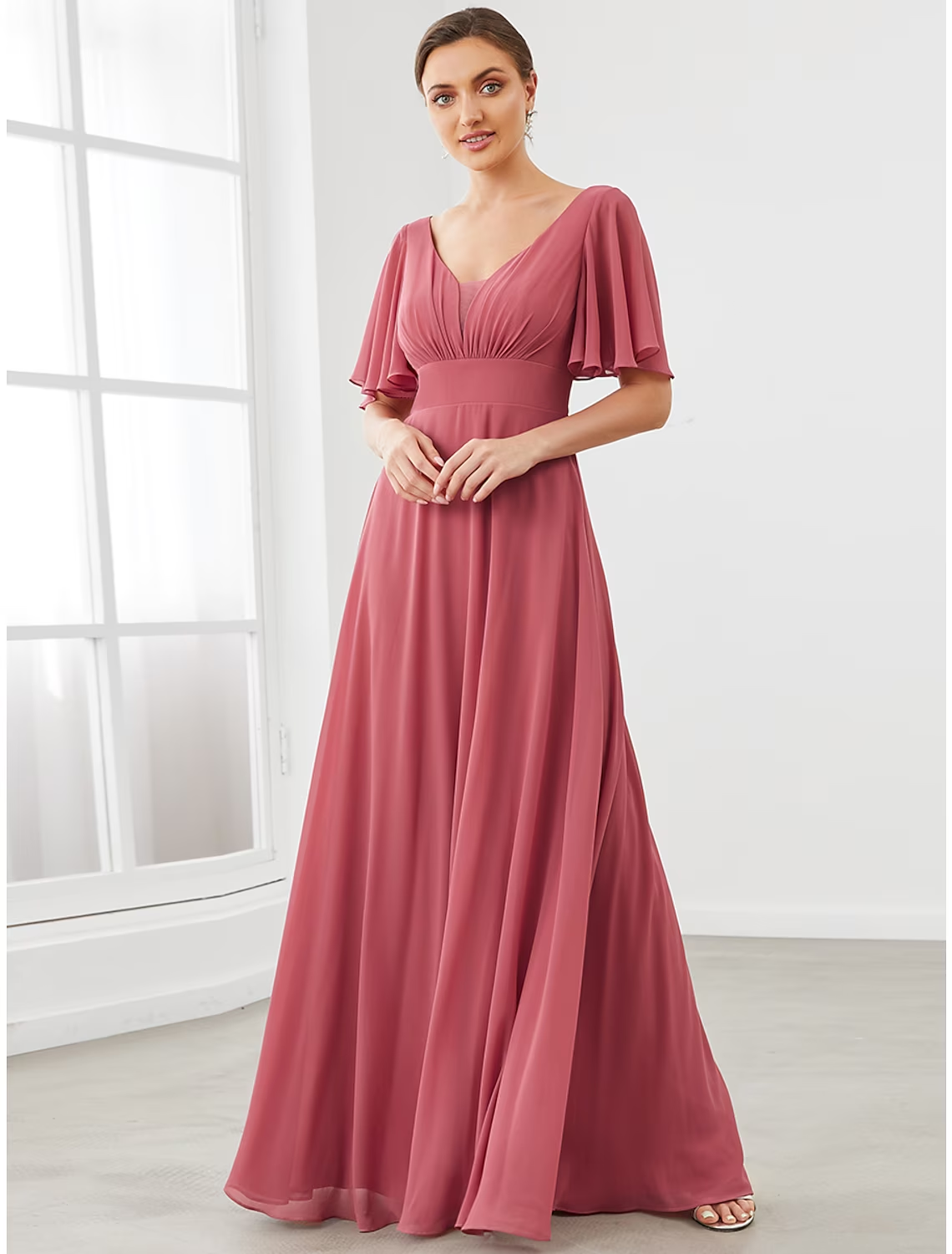 A-Line Bridesmaid Dress V Neck Short Sleeve Plus Size Floor Length Chiffon with Pleats / Draping / Solid Color