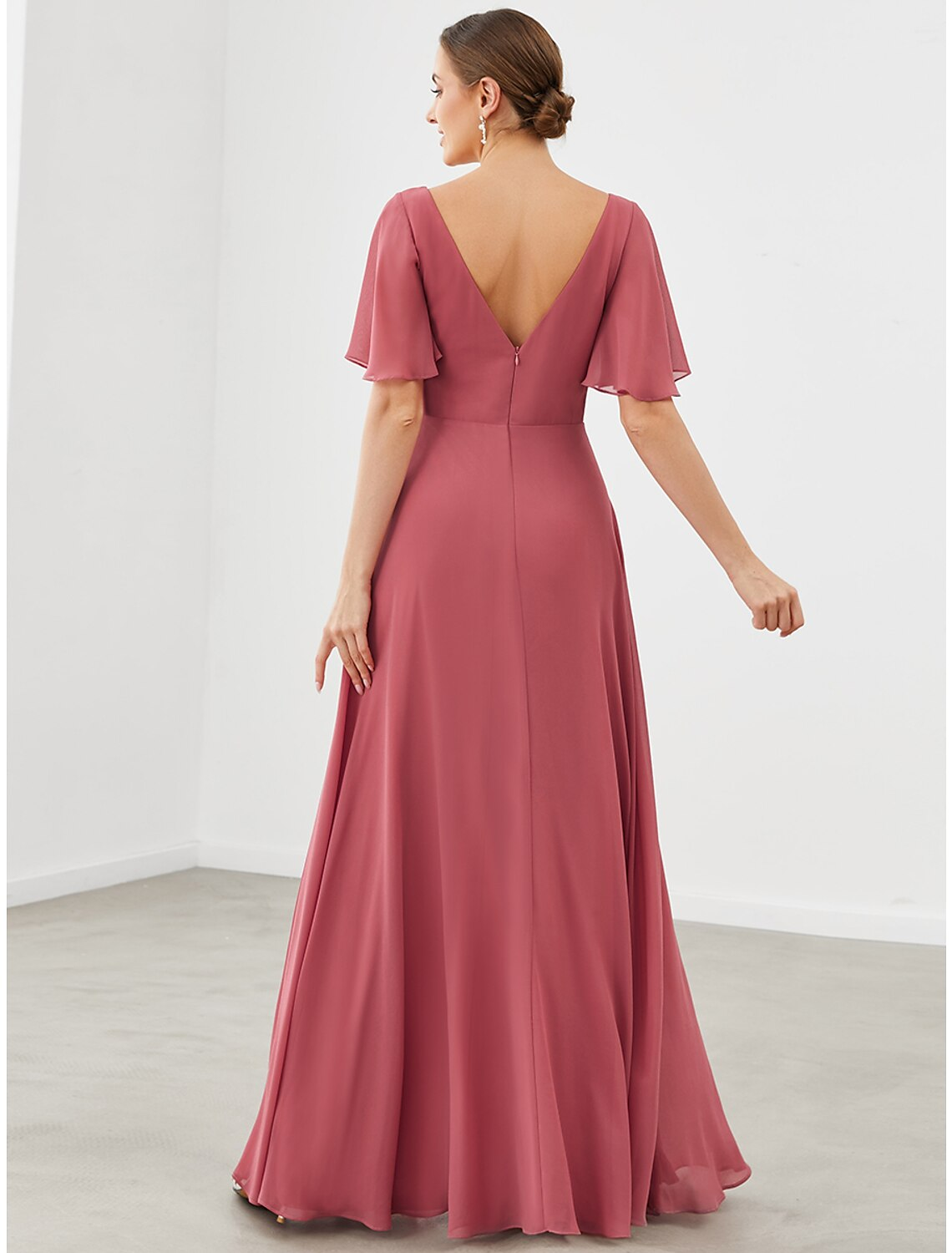 A-Line Bridesmaid Dress V Neck Short Sleeve Plus Size Floor Length Chiffon with Pleats / Draping / Solid Color