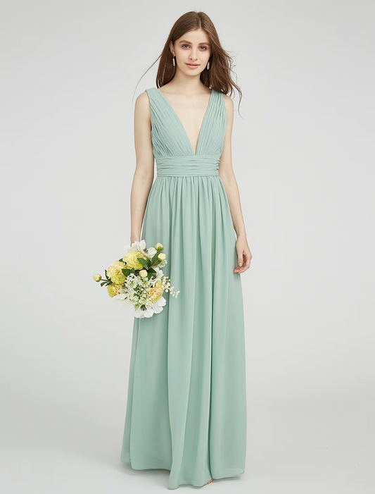 Sheath  Column Bridesmaid Dress V Neck Sleeveless Elegant Floor Length Chiffon with Ruched  Side Draping