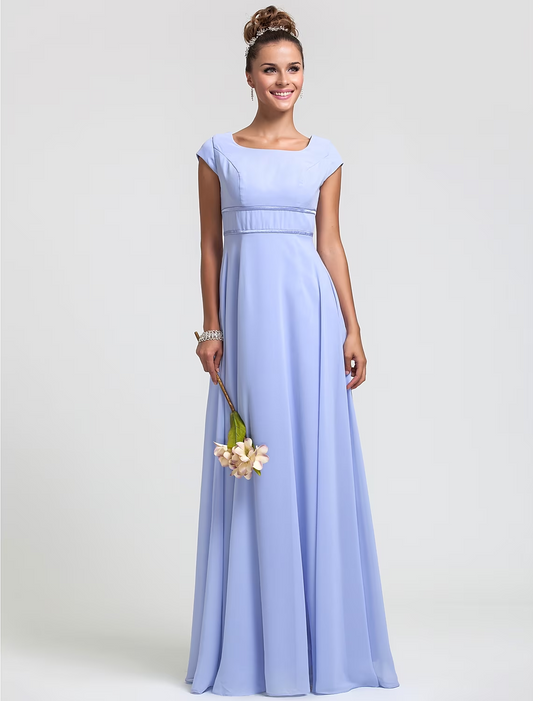 Sheath / Column Bridesmaid Dress Square Neck Short Sleeve Elegant Floor Length Chiffon with Sash / Ribbon / Pleats