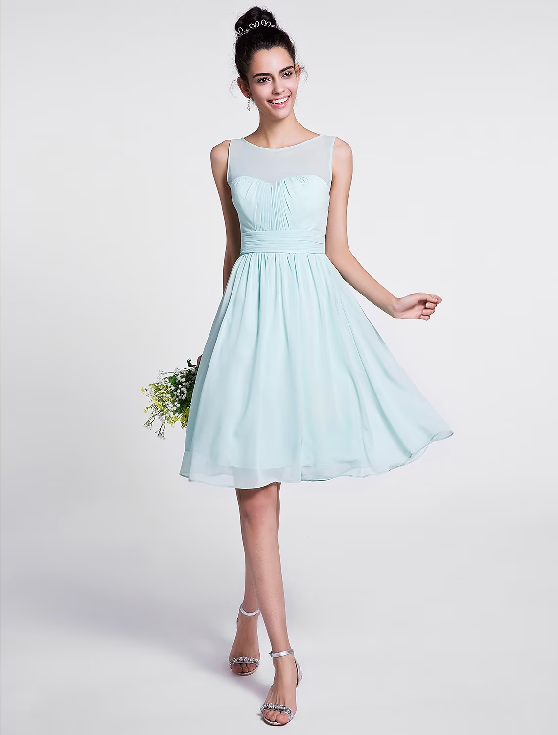 A-Line Bridesmaid Dress Scoop Neck Sleeveless Knee Length Chiffon with Ruched / Draping