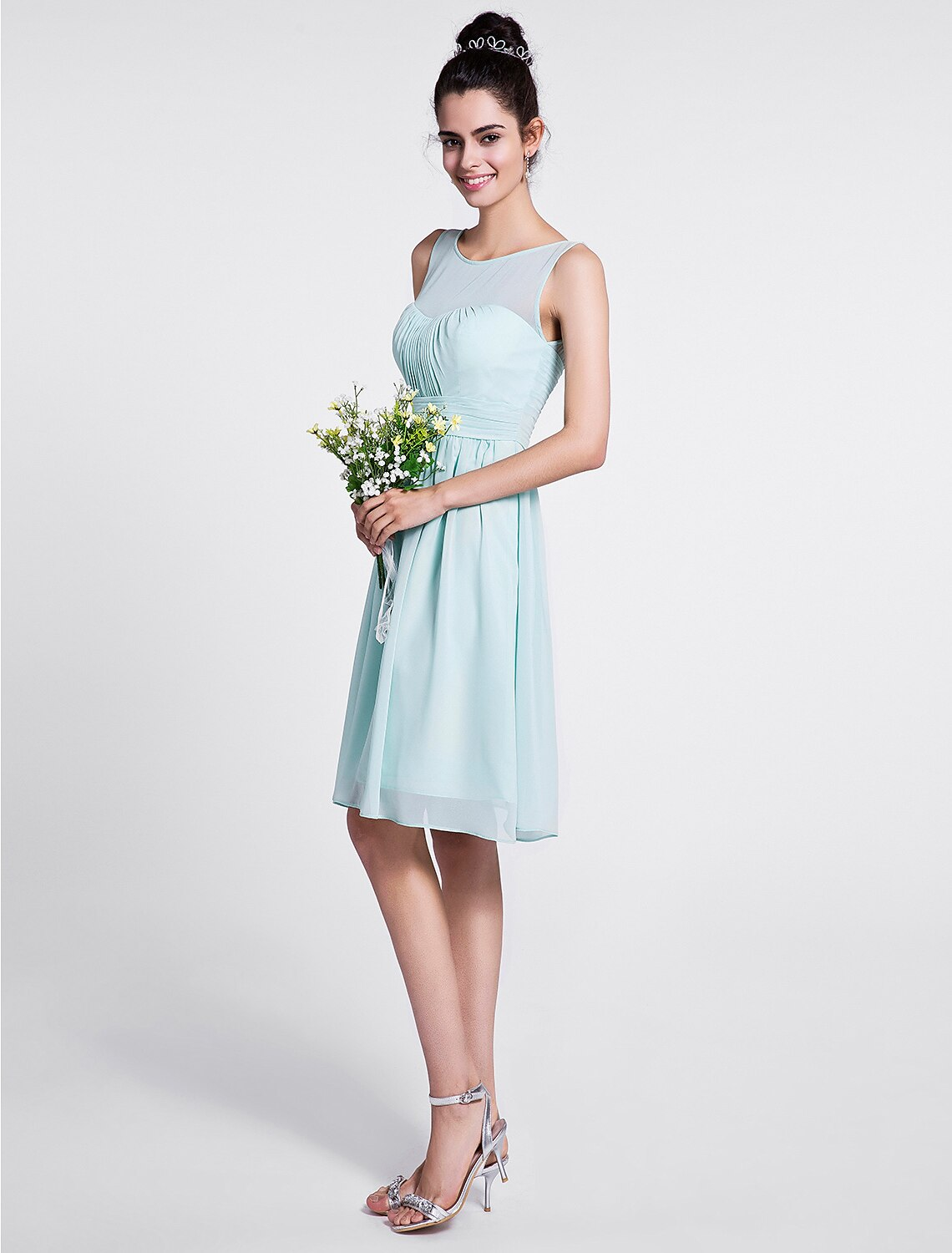 A-Line Bridesmaid Dress Scoop Neck Sleeveless Knee Length Chiffon with Ruched / Draping