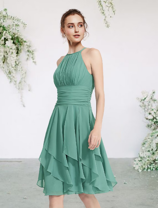 A-Line Bridesmaid Dress Jewel Neck Sleeveless Elegant Short / Mini Chiffon with Pleats / Cascading Ruffles