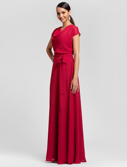 Sheath / Column Bridesmaid Dress Cowl Neck Short Sleeve Elegant Floor Length Chiffon with Sash / Ribbon / Draping