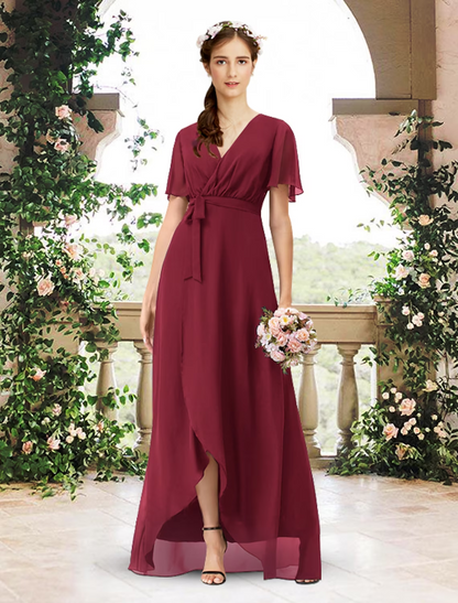 A-Line Bridesmaid Dress V Neck Short Sleeve Elegant Asymmetrical / Floor Length Chiffon with Pleats