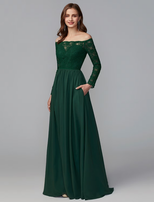 A-Line Bridesmaid Dress Off Shoulder Long Sleeve Elegant Floor Length Chiffon / Lace with Lace