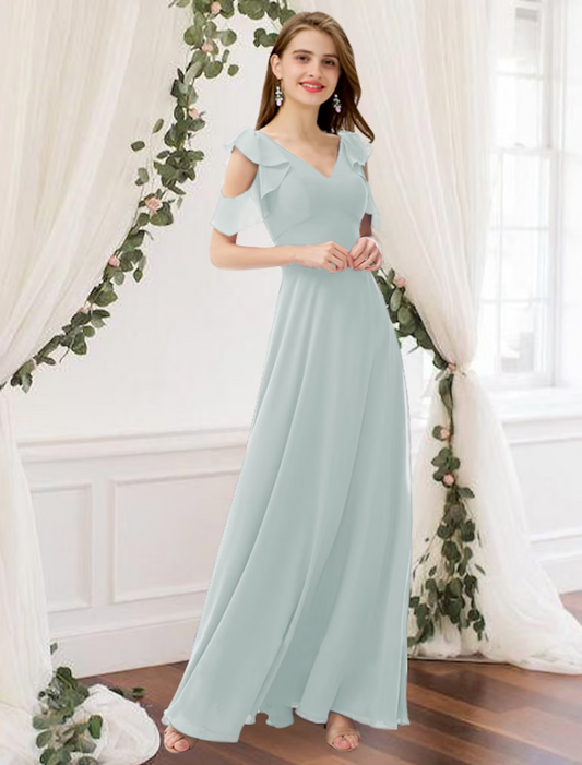 A-Line Bridesmaid Dress V Neck Sleeveless Elegant Floor Length Chiffon with Pleats  Ruffles