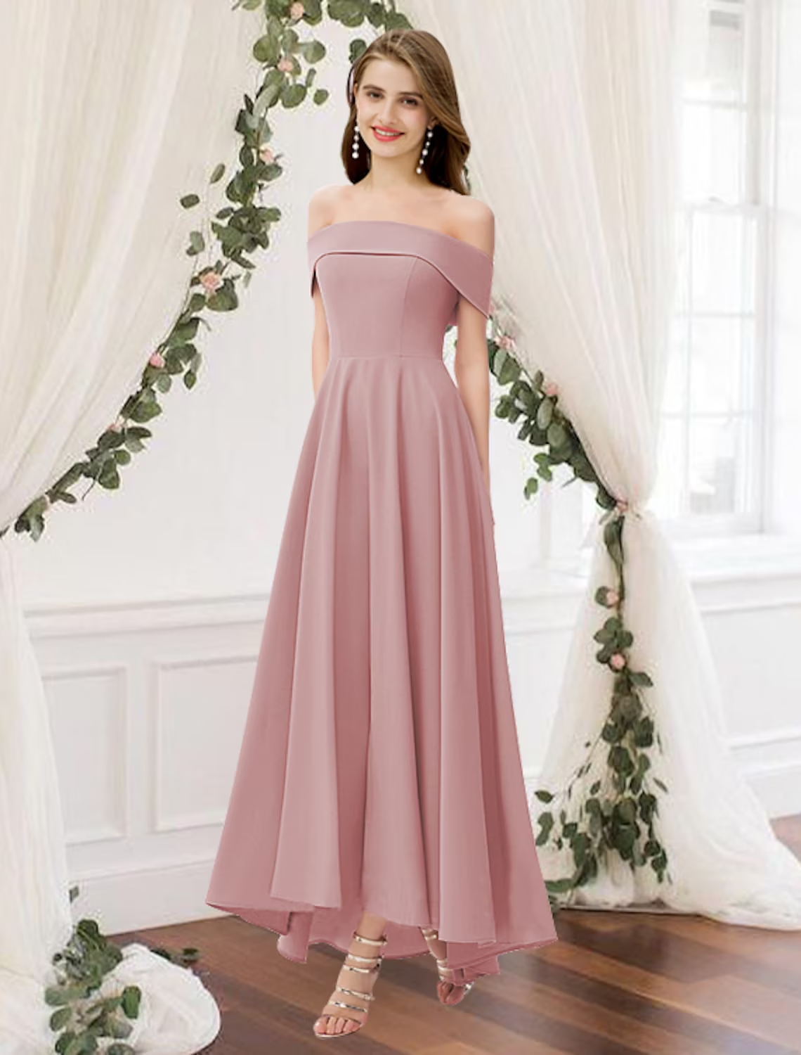 A-Line Bridesmaid Dress Off Shoulder Sleeveless Elegant Floor Length Chiffon with Pleats