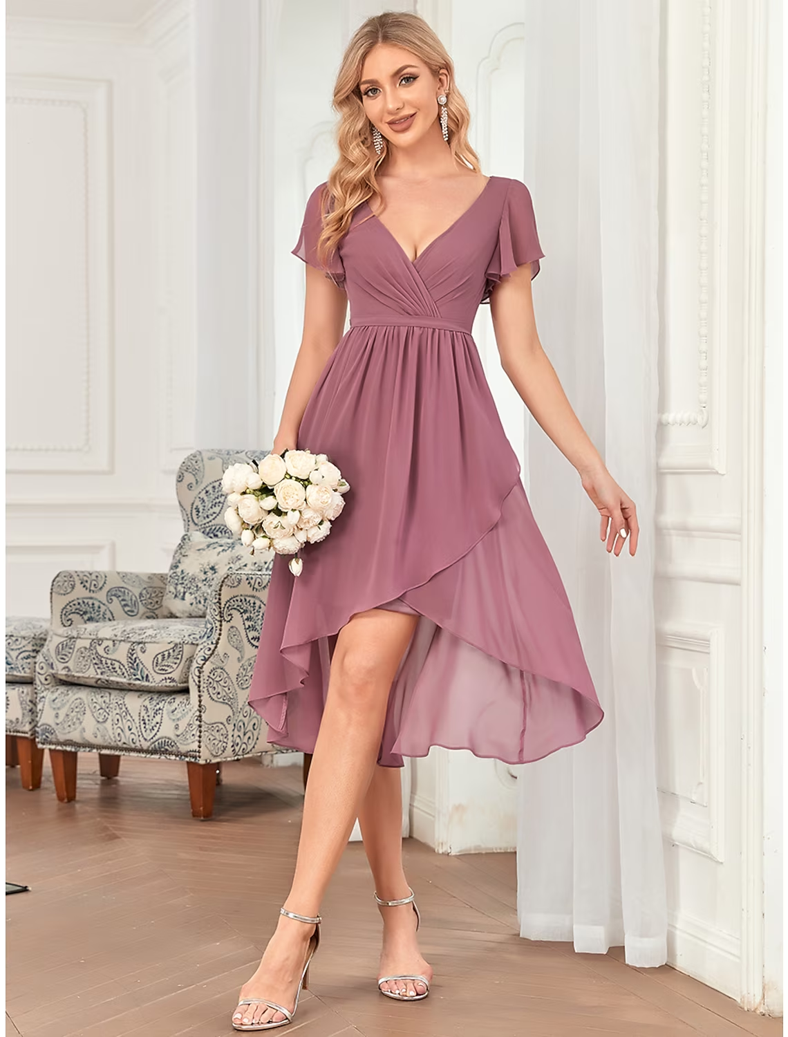 A-Line Bridesmaid Dress Plunging Neck Sleeveless Elegant Asymmetrical / Short / Mini Chiffon with Pleats / Cascading Ruffles / Solid Color