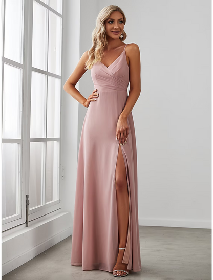 A-Line Bridesmaid Dress V Neck Sleeveless Elegant Floor Length Chiffon with Draping  Solid Color