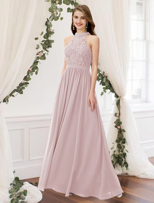 A-Line Bridesmaid Dress Jewel Neck Sleeveless Elegant Floor Length Chiffon / Lace with Pleats