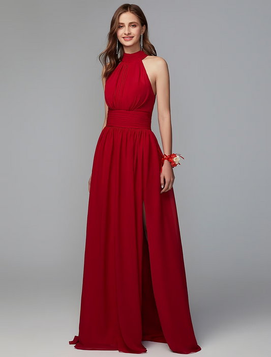 A-Line Bridesmaid Dress High Neck Sleeveless Furcal Floor Length Chiffon with Pleats / Split Front