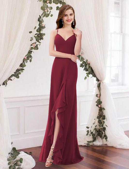 Sheath / Column Bridesmaid Dress V Neck Sleeveless Elegant Floor Length Chiffon with Pleats / Split Front