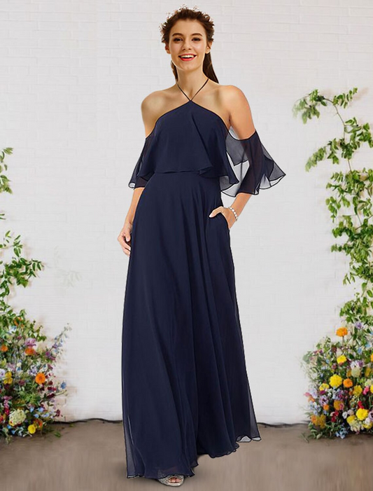 A-Line Bridesmaid Dress Halter Neck Sleeveless Elegant Floor Length Chiffon with Ruffles