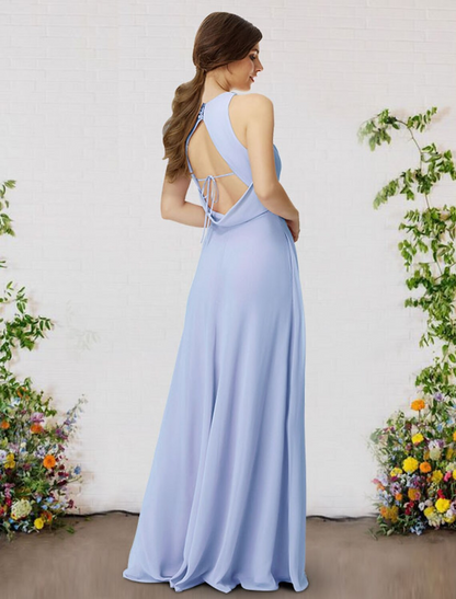 A-Line Bridesmaid Dress V Neck / Spaghetti Strap Sleeveless Sexy Floor Length Chiffon with Pleats