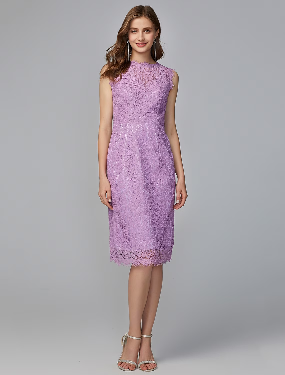 Sheath / Column Bridesmaid Dress Jewel Neck Sleeveless Elegant Midi / Knee Length Lace with Lace
