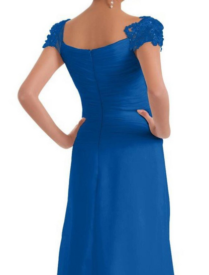 A-Line Bridesmaid Dress Square Neck Short Sleeve Elegant Floor Length Chiffon with Lace