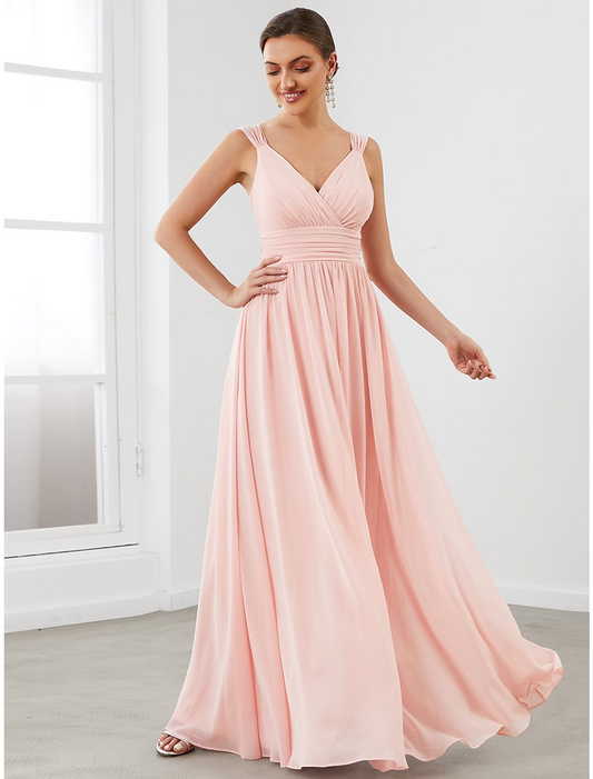 A-Line Bridesmaid Dress V Neck Sleeveless Vintage Floor Length Chiffon with Tier