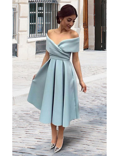 A-Line Cocktail Dresses Party Dress Homecoming Tea Length Short Sleeve V Neck Stretch Fabric V Back with Pleats