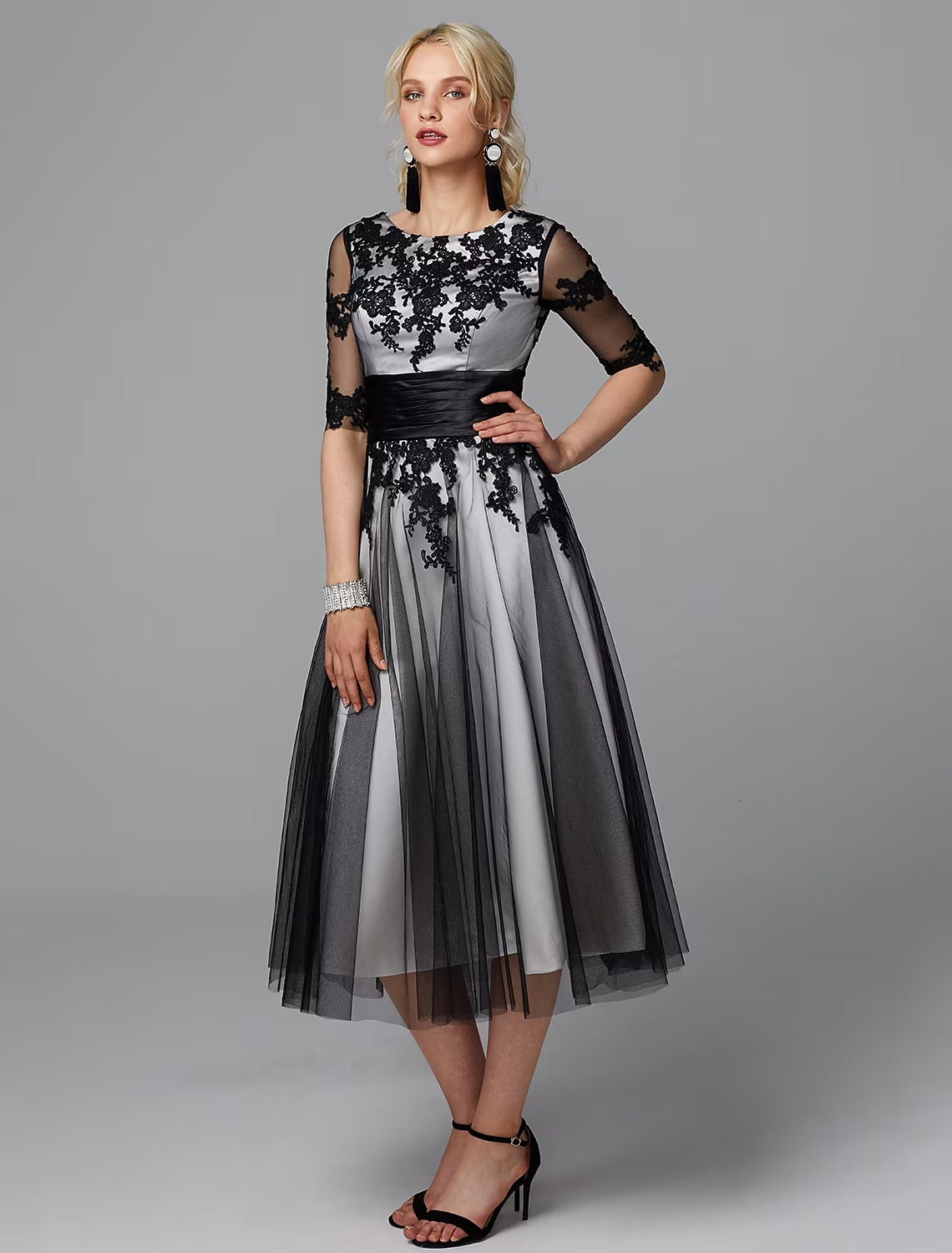 A-Line Vintage Dress Wedding Guest Tea Length Half Sleeve Jewel Neck Lace with Sash Ribbon Appliques