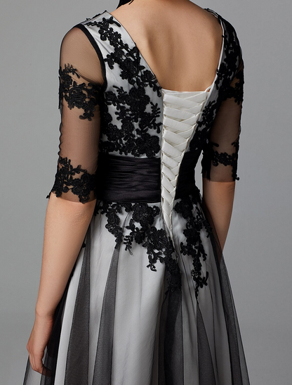 A-Line Vintage Dress Wedding Guest Tea Length Half Sleeve Jewel Neck Lace with Sash Ribbon Appliques