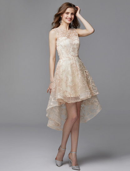 A-Line Hot Dress Wedding Guest Asymmetrical Sleeveless Illusion Neck Tulle with Appliques