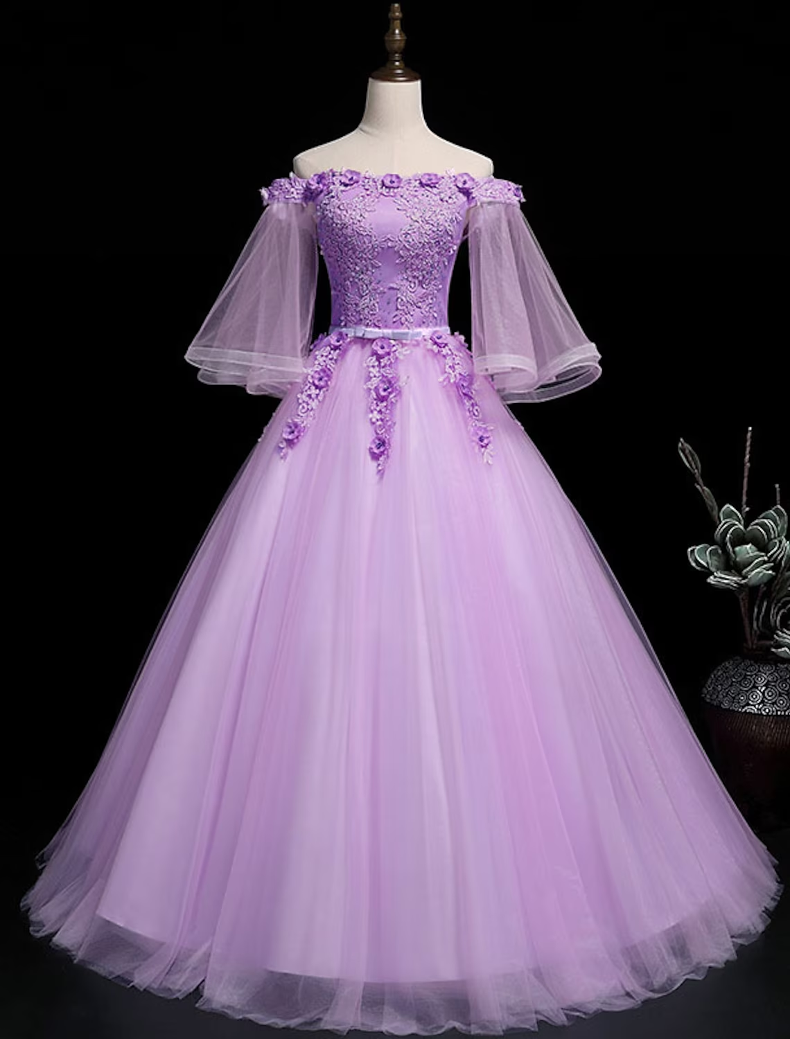Ball Gown Luxurious Floral Quinceanera Prom Birthday Dress Off Shoulder 3/4 Length Sleeve Floor Length Tulle with Sash / Ribbon Embroidery