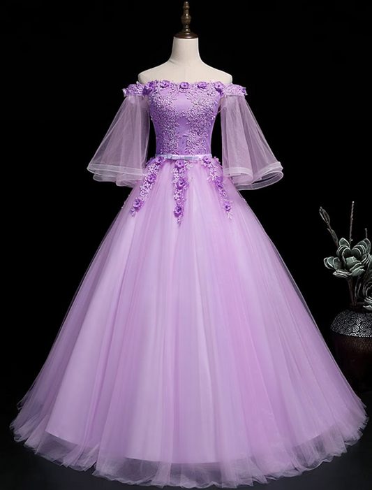 Ball Gown Luxurious Floral Quinceanera Prom Birthday Dress Off Shoulder 3/4 Length Sleeve Floor Length Tulle with Sash / Ribbon Embroidery