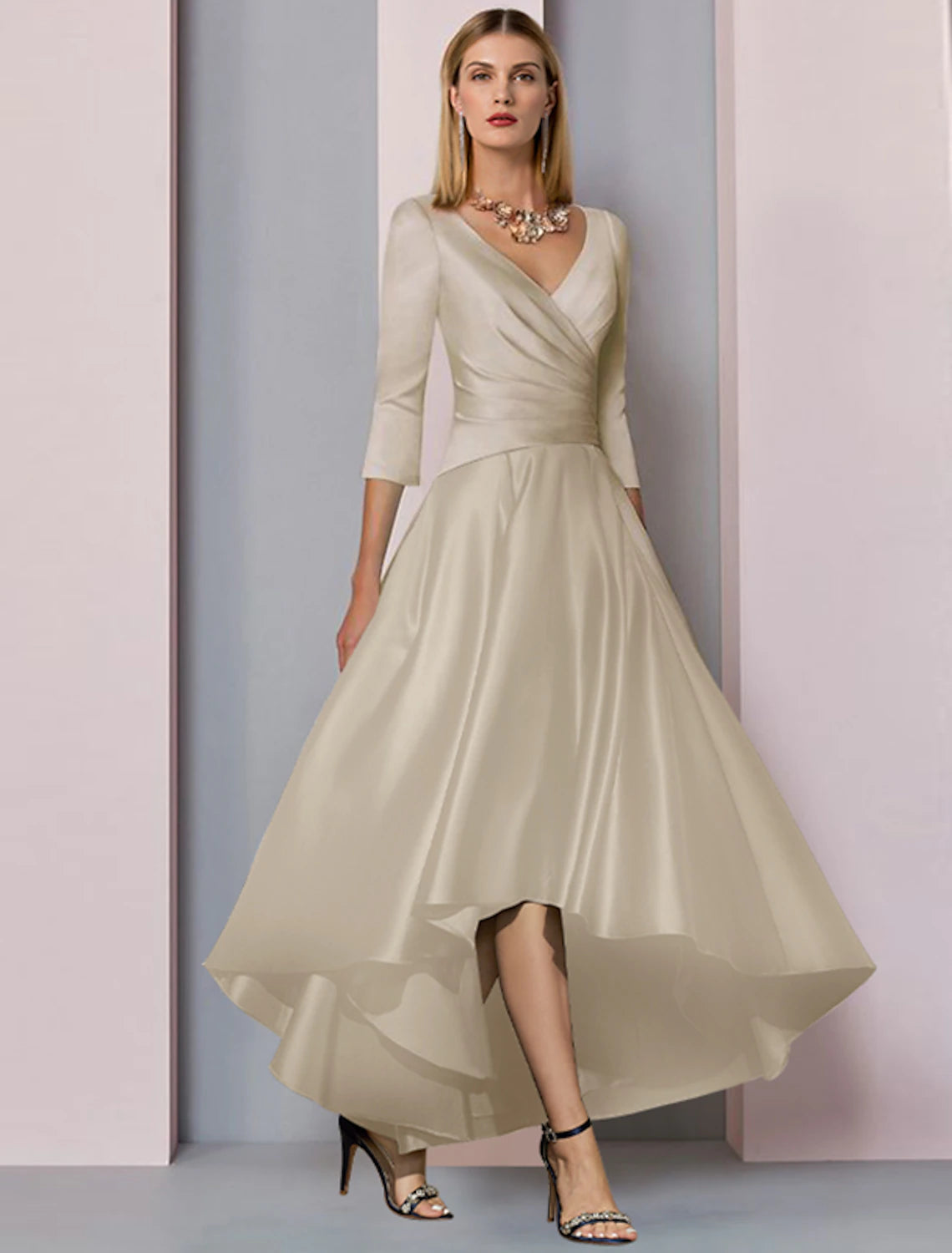 A-Line Mother of the Bride Dress Wedding Guest Elegant High Low V Neck Asymmetrical Ankle Length Satin Half Sleeve with Pleats Side-Draped